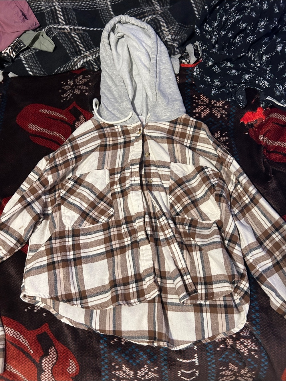 No Boundaries Brown & Cream Plaid Hooded Button-Down Shirt